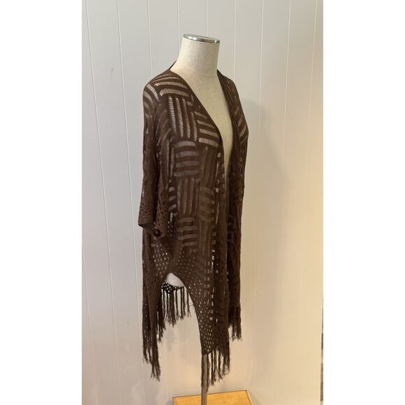 Brown Open Knit Crochet Fringe Kimono Cardigan One Size - Picture 7 of 8